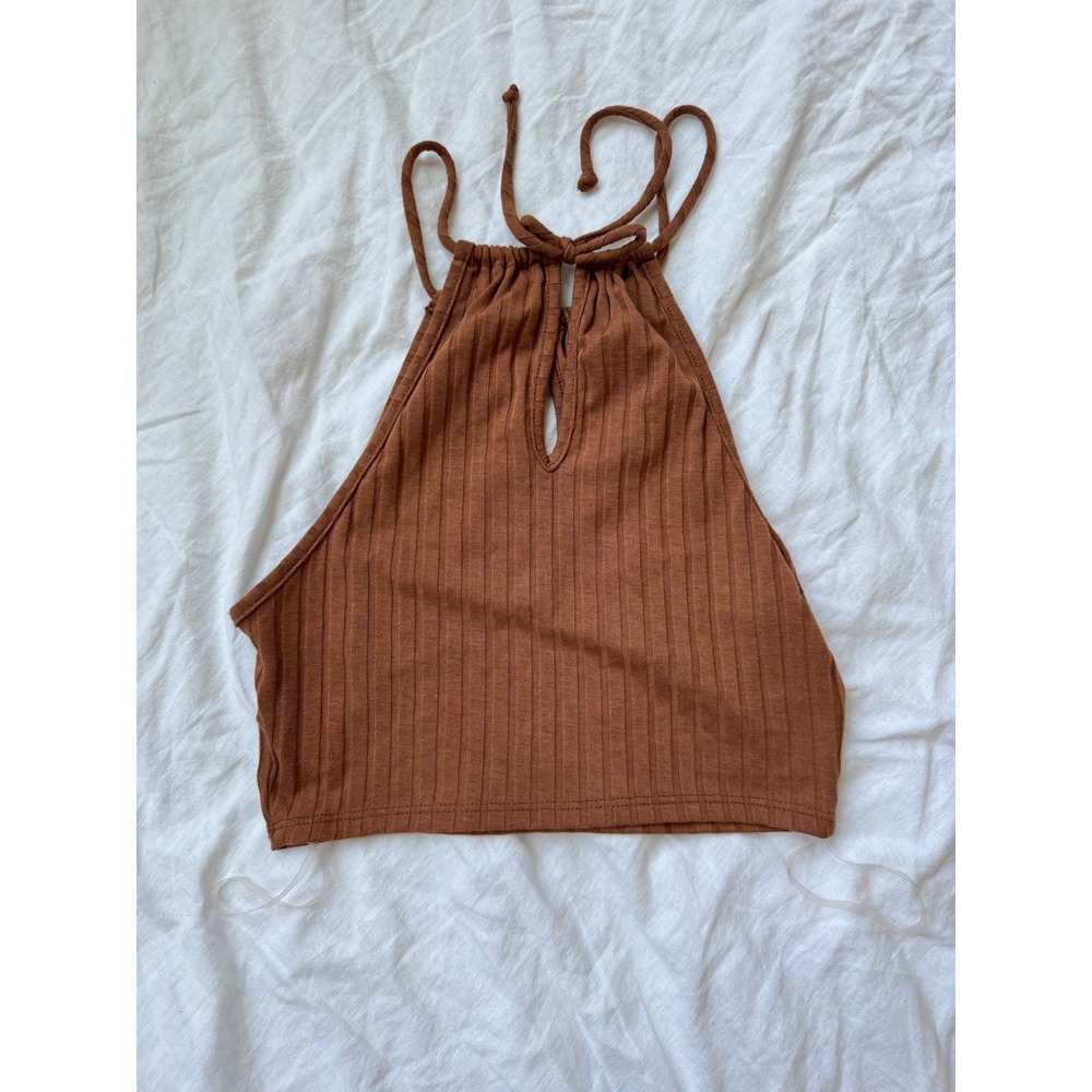 Altar'd State Brown Ribbed Halter Crop Top Keyhole Women's Size Small - Picture 3 of 3